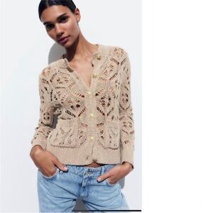 Zara Beige Pointelle Open-Knit Cardigan